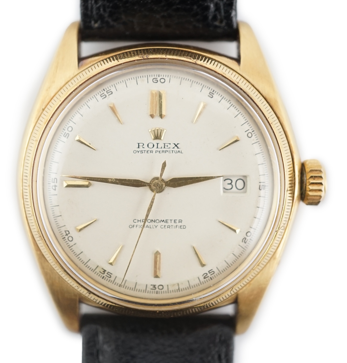A gentleman's late 1940's 18ct gold Rolex Oyster perpetual chronometer bubble back wrist watch